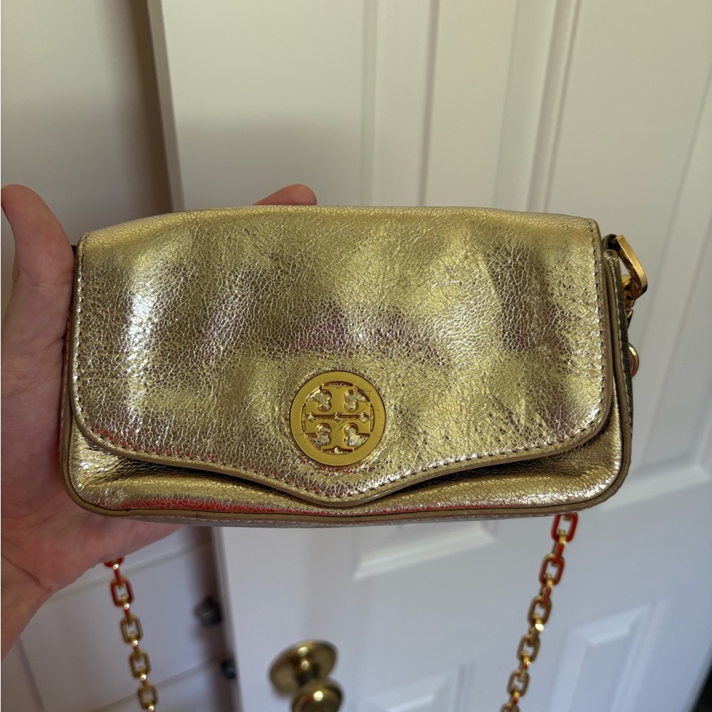 Tory Burch Gold Metallic Crossbody Bag with Chain Strap